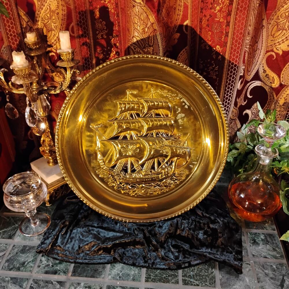 Large Vintage Solid Brass Embossed Ship Wall Charger Plate: Nautical Coastal MCM